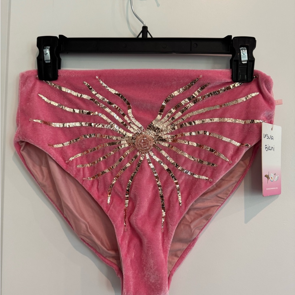Vusa Pink Velvet High-Waist Bikini Bottom with Gold Sequin Sunburst